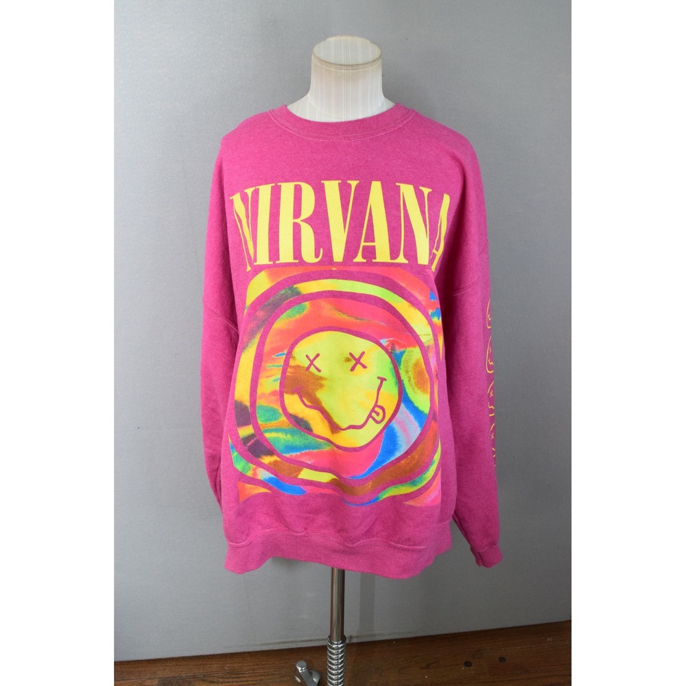 Nirvana Sweatshirt S/M Pink Smiley Face Graphic Band Pullover Womens Grunge UO
